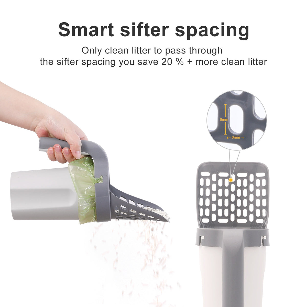 Cat litter scoop with built-in bag holder attached