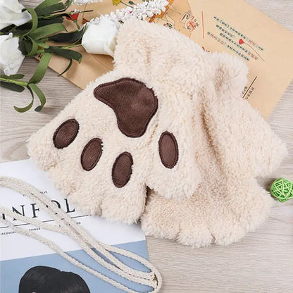 Winter Cute Cartoon Cat Girl Fluffy Bear Paw Gloves