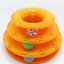 Orange 3-tier cat tower track toy with paw print cutouts and three colorful balls