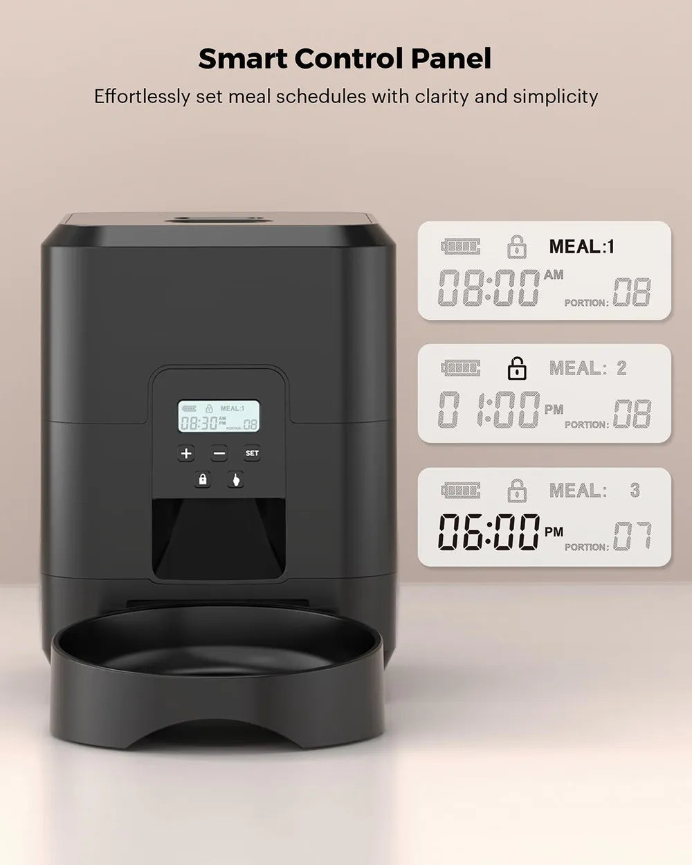 Black pet feeder with digital display and meal schedule on a beige background