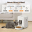 Pet feeder with a cat next to it in a living room setting, displaying feeding schedule.