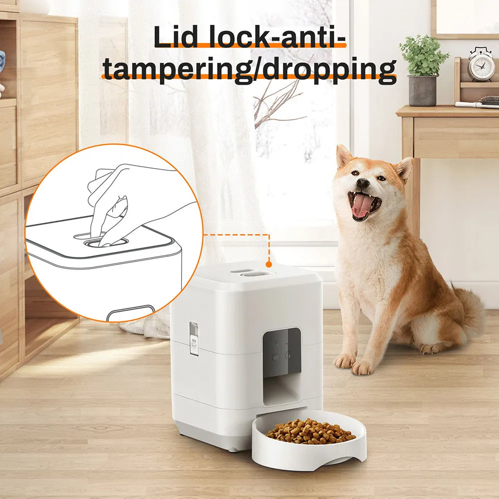 Pet food dispenser with a dog sitting next to it, featuring anti-tampering and dropping features.