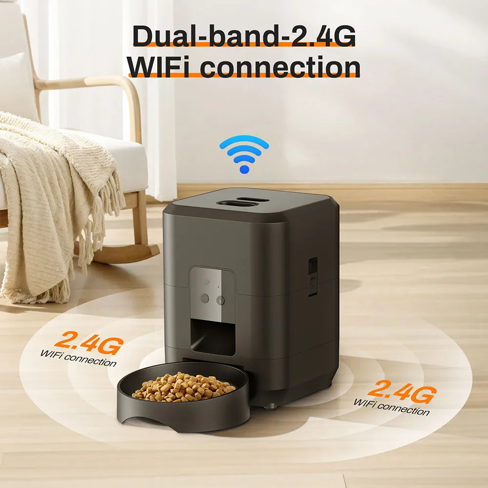 Black pet feeder with 2.4G WiFi connection text in a home setting