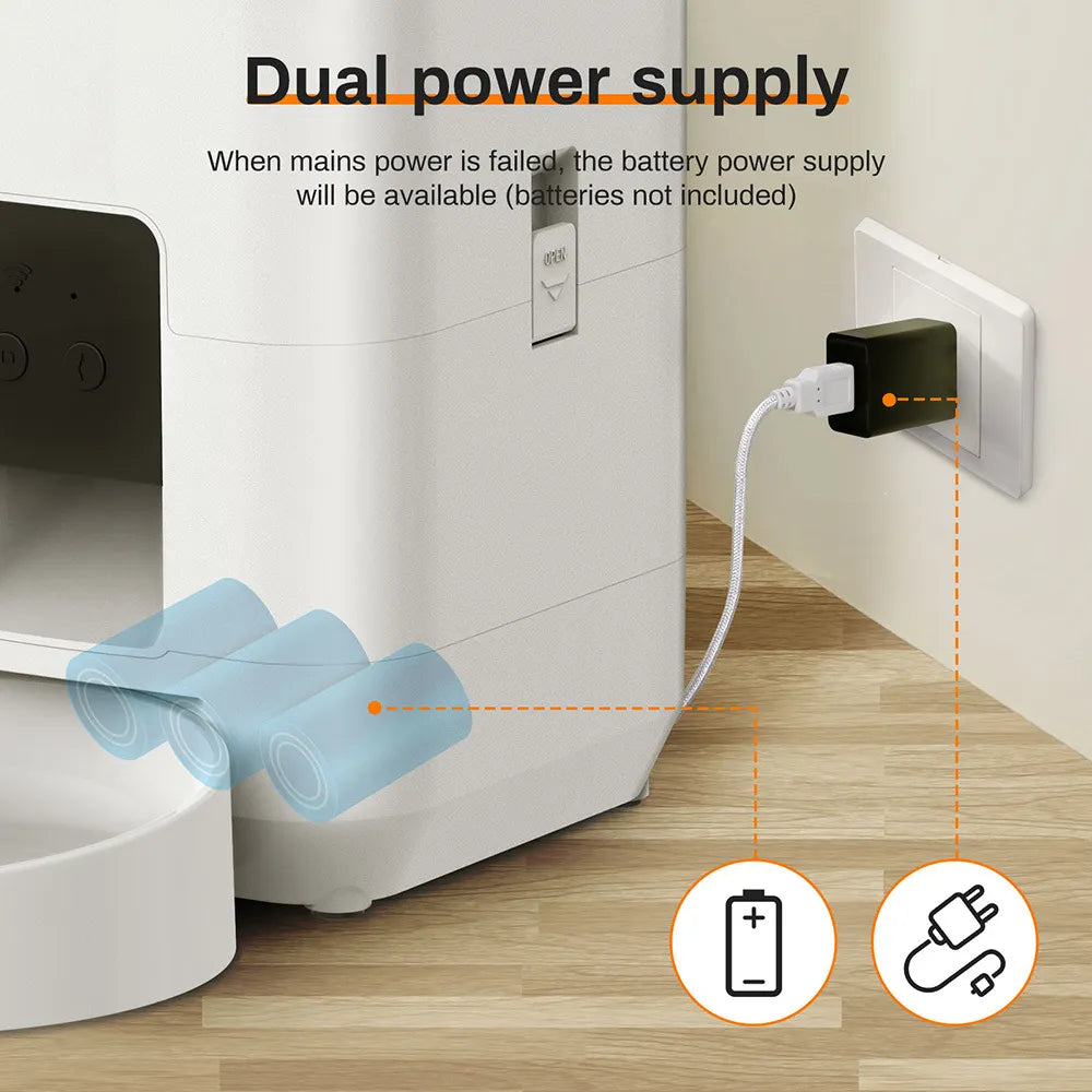 Dual power supply system illustration with wall outlet and battery icon.