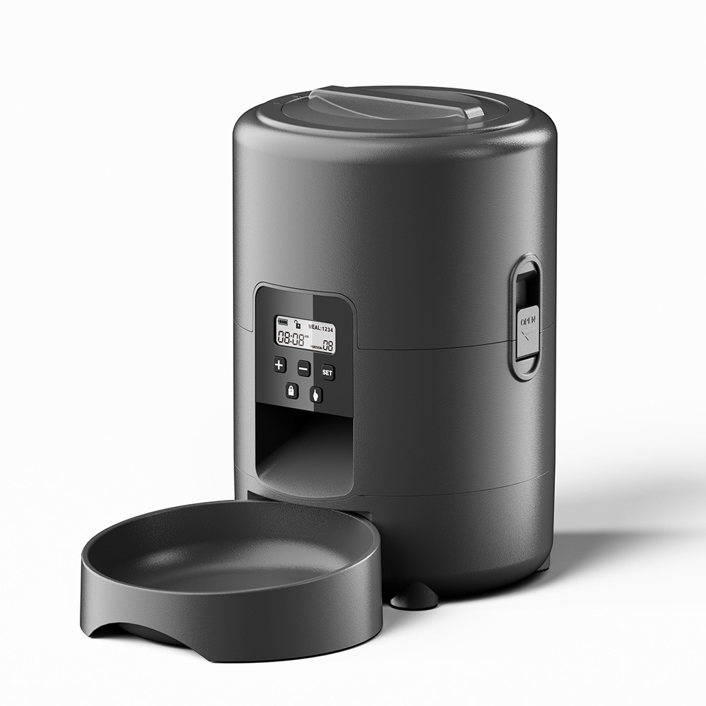 Black pet feeder with digital display on a white background