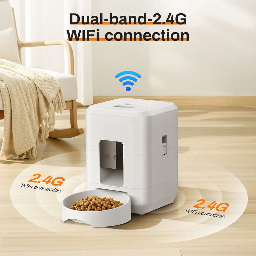 White pet feeder with 2.4G WiFi connection text in a room setting