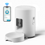 White pet feeder with smartphone app interface on a white background