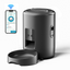 Smart pet feeder with app on smartphone display on a white background