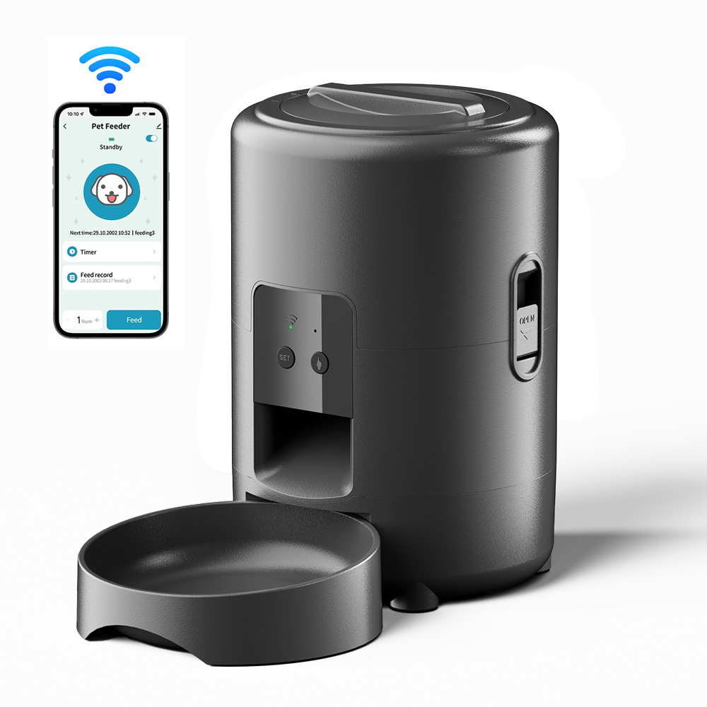 Smart pet feeder with app on smartphone display on a white background